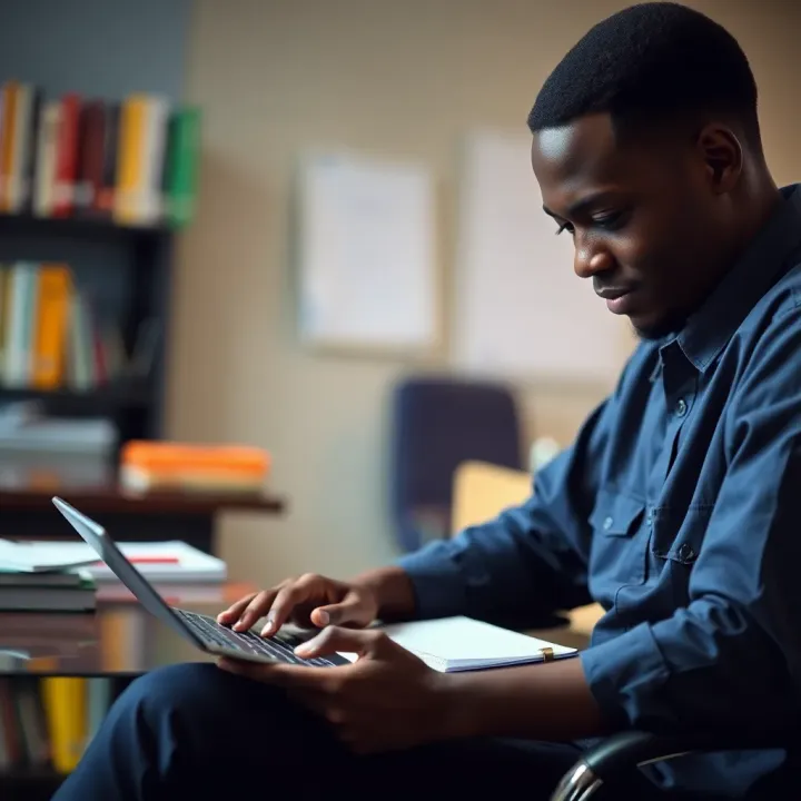 Balancing Study and Online Earning Through Mobile Applications Nigerian student working on a laptop with notes and smartphone nearby