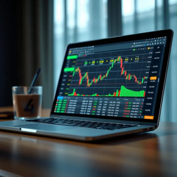 Illustration of a laptop displaying a binary options trading platform with financial charts and indicators