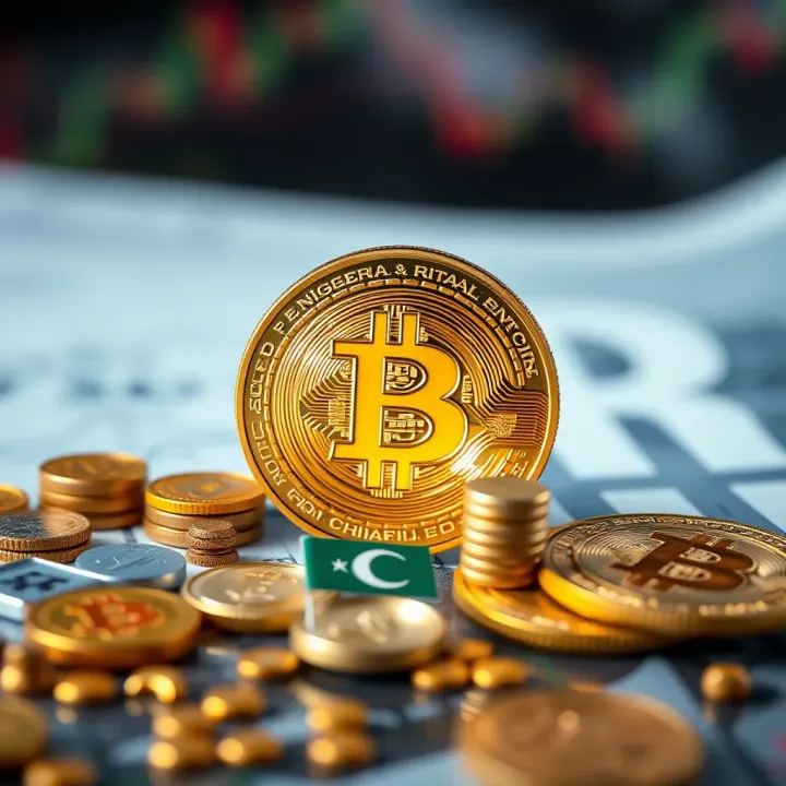 Digital representation of Bitcoin coin with Nigerian financial symbols and regulatory icons