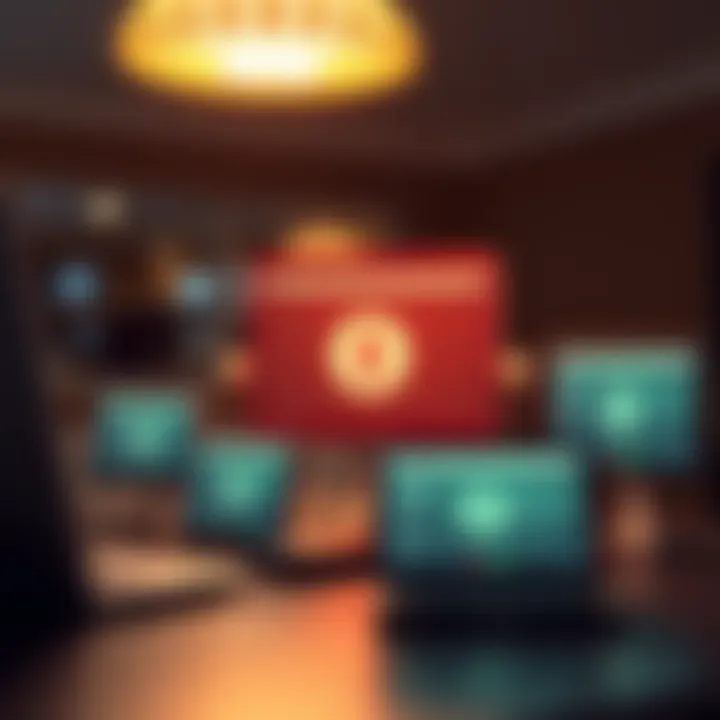 Illustration showing different devices connected to various online platforms symbolizing affiliate marketing networks