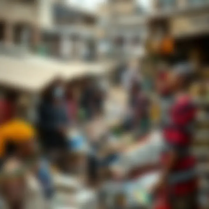 Dynamic Nigerian Urban Market Landscape Bustling Nigerian urban market with various stalls showcasing local products and traders engaging in commerce