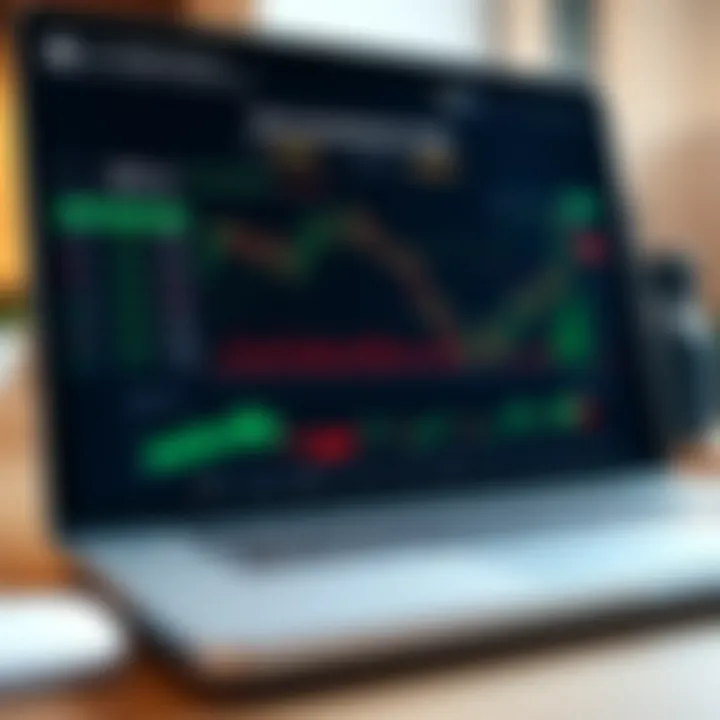 A digital dashboard displaying various stock market charts and trading options on a laptop screen