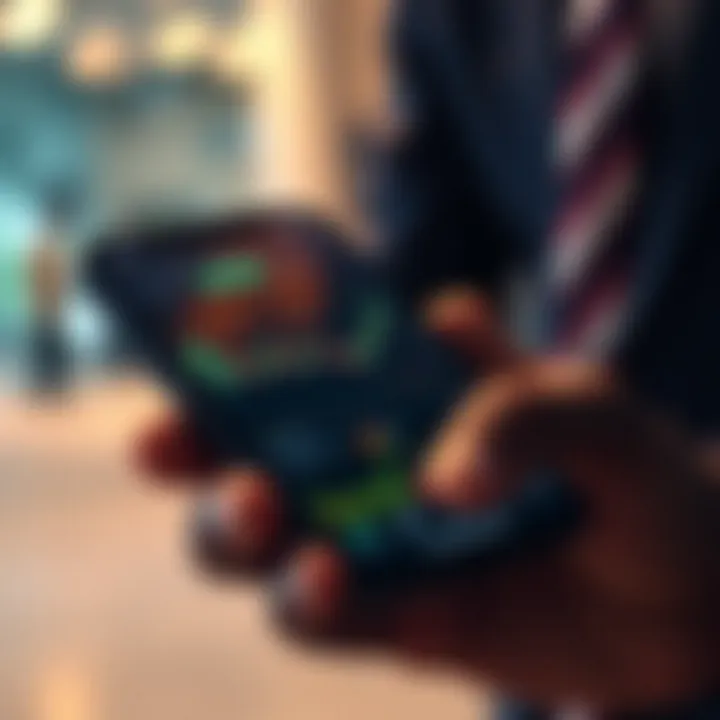 Mobile phone screen displaying a secure online trading app interface with charts and portfolio overview