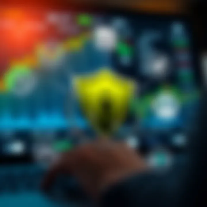 Illustration of various online trading platform features like cost comparison, security shields, and usability icons