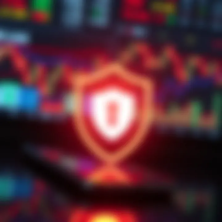 Security shield icon overlaid on a smartphone with financial data graphs in the background