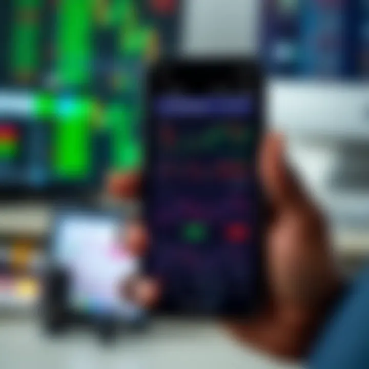 Mobile phone screen displaying various trading app interfaces with graphs and stock options