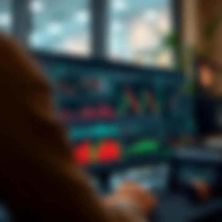 Interface showing various trading platform features like charts, indicators, and market data