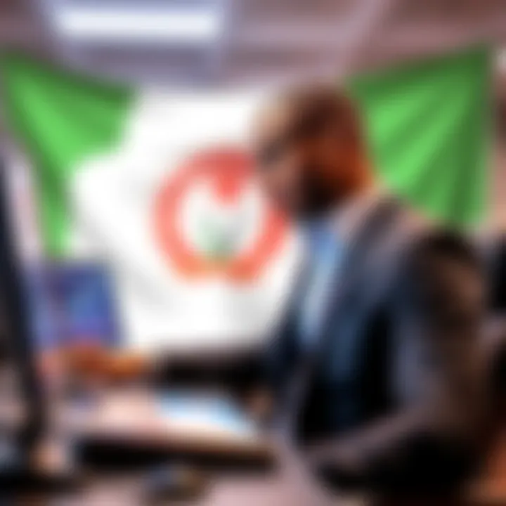 Illustration showing a confident trader analyzing forex charts on multiple electronic devices with a backdrop of the Nigerian flag