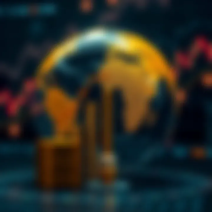 Digital representation of cryptocurrency growth with abstract financial charts and a globe symbolizing global market impact