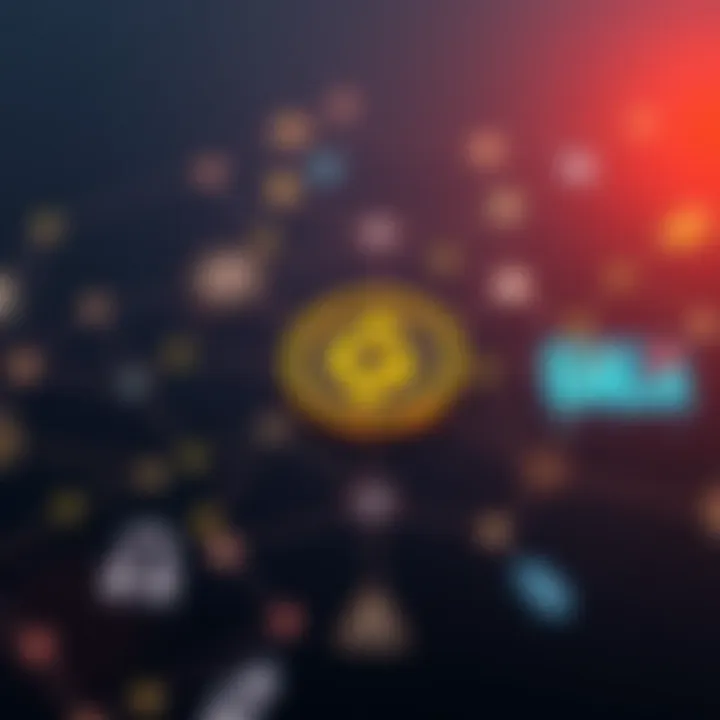Illustration of blockchain connections highlighting Gala token and fintech icons