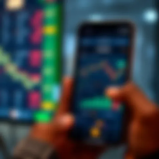 Mobile phone displaying a trading app interface with charts and market data
