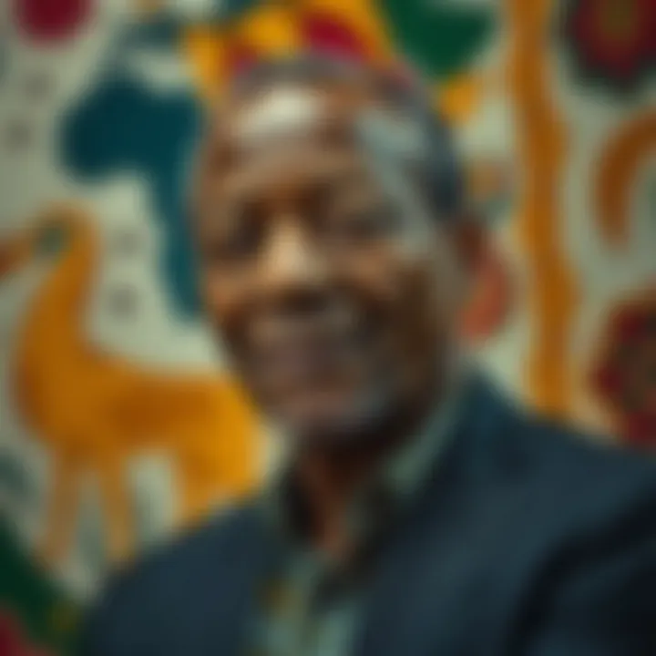 Jabulani Ngcobo: Celebrated South African Literary Figure Portrait of Jabulani Ngcobo with a backdrop of African cultural motifs