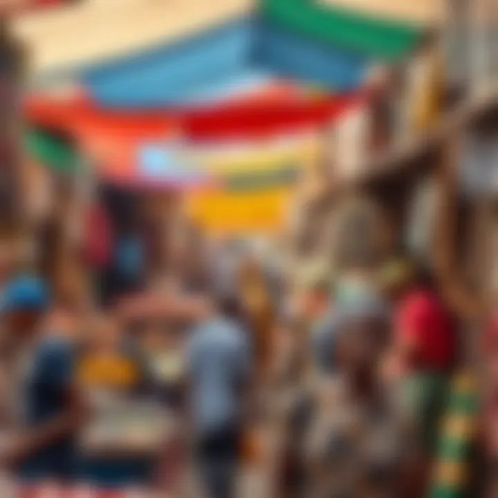 Bustling Kwakol Market with colorful stalls and customers interacting amid diverse goods