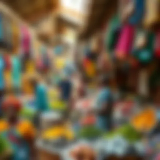 Colorful stalls displaying fresh produce and textiles in a bustling Kwakol market