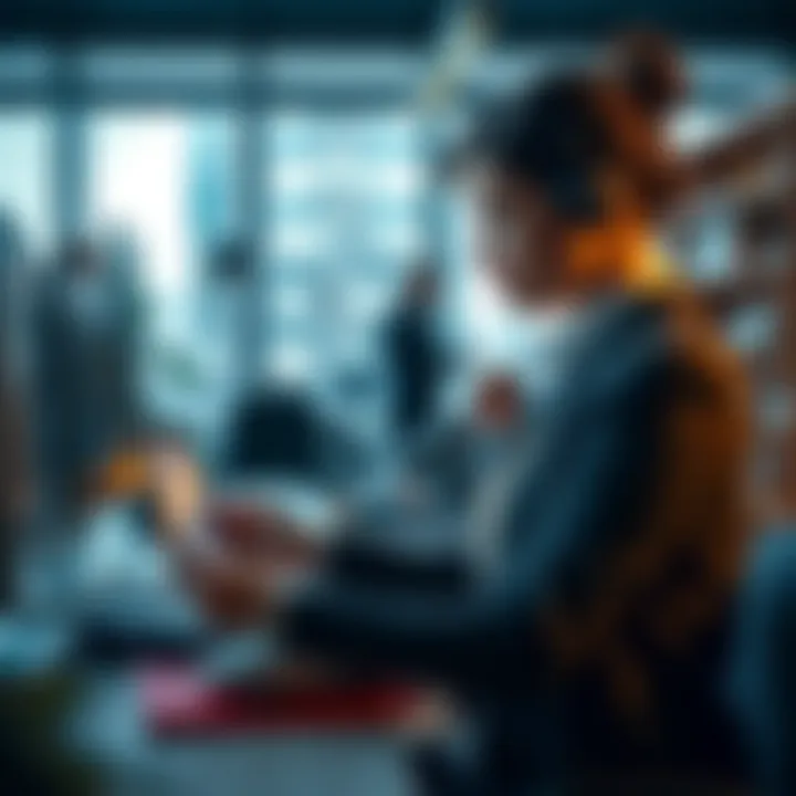 Professional individual analyzing bitcoin market trends on a digital device in an office environment