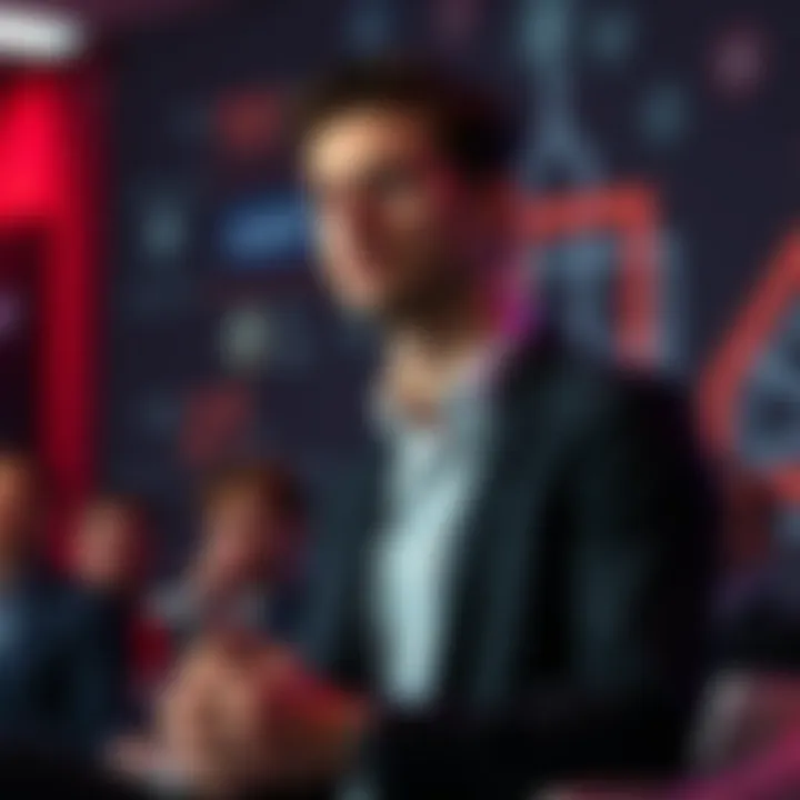 Pavel Durov speaking at a technology conference with abstract digital graphics in the background