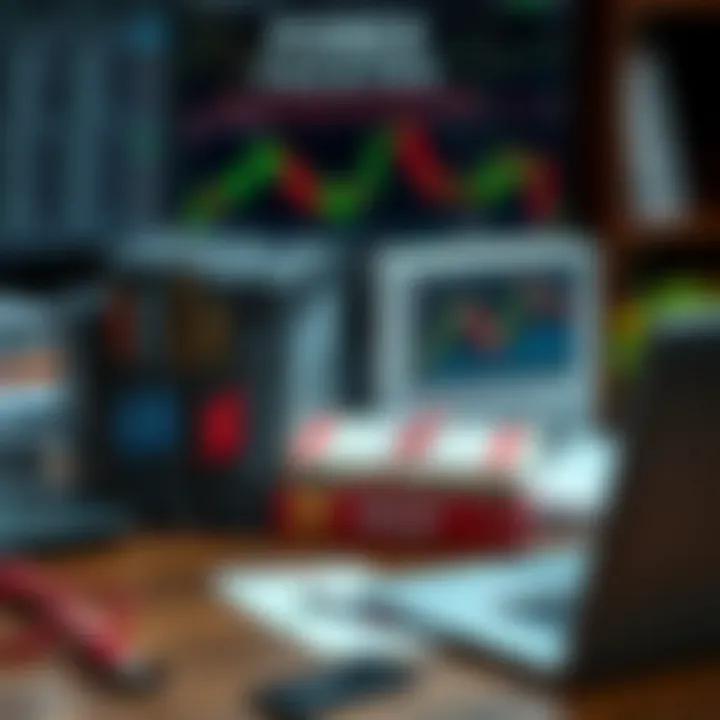 Accessing Trusted Forex Trading Resources in PDF Format Collection of forex trading books and PDFs arranged on a desk with a laptop
