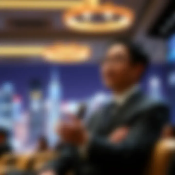 Ben Zhou speaking at a business conference with a dynamic cityscape background