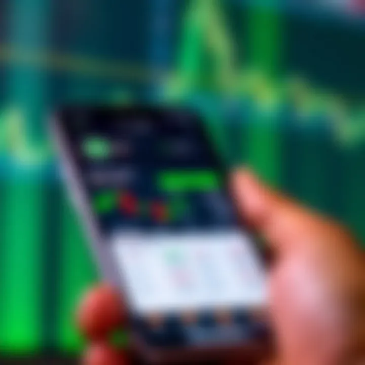 Mobile phone screen displaying a binary trading app interface with colorful charts and trading options