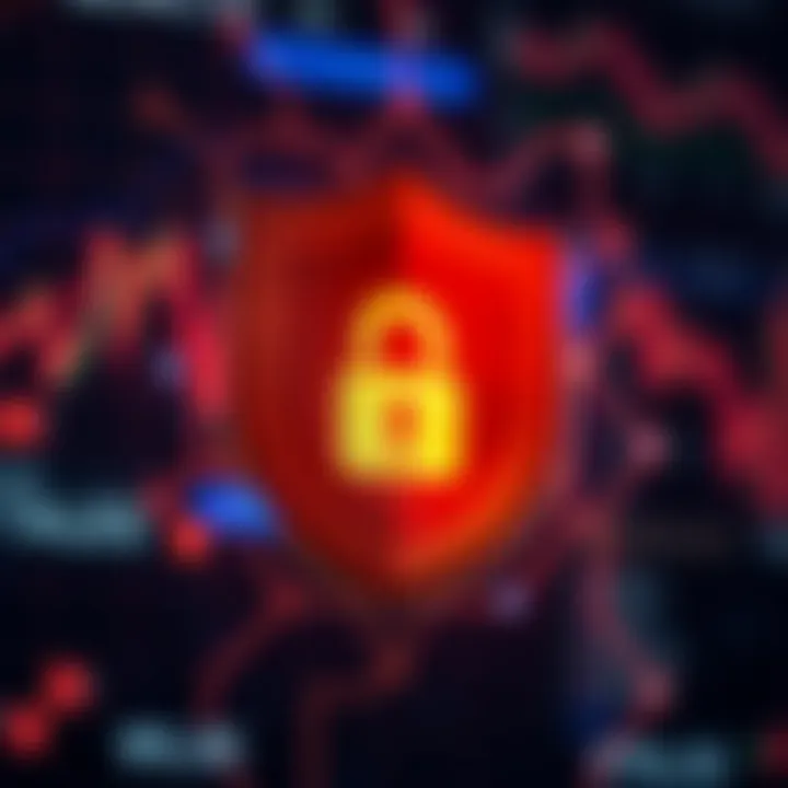 Illustration of data protection measures, including shield and lock symbols representing account security