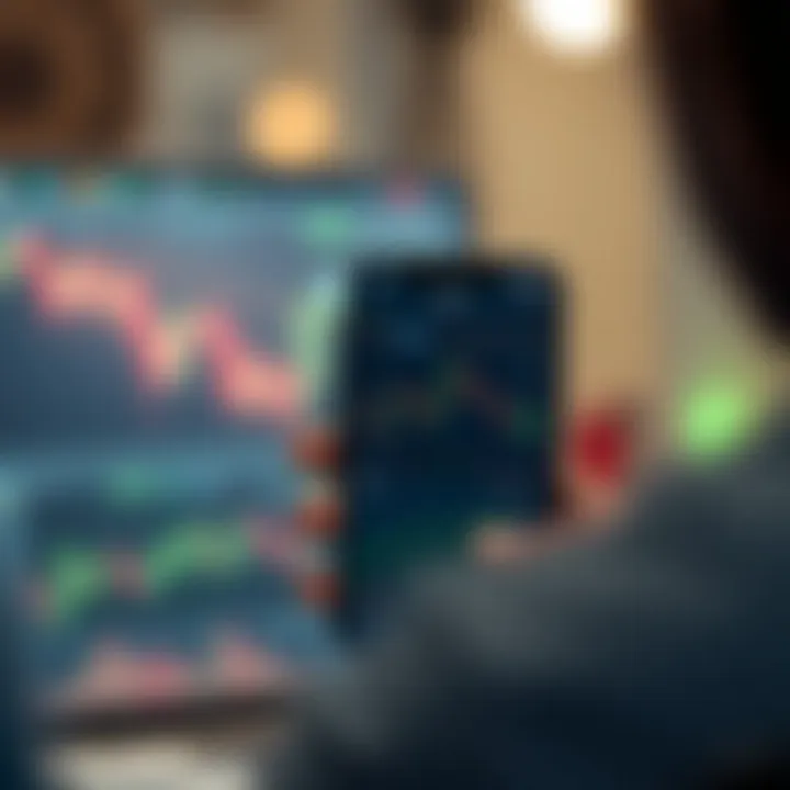 Mobile device displaying a binary trading app interface with charts and options