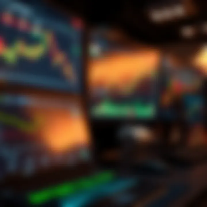 Proprietary Trading Workflows and Market Analysis Graph showing financial growth and trading activities on multiple screens representing proprietary trading workflows