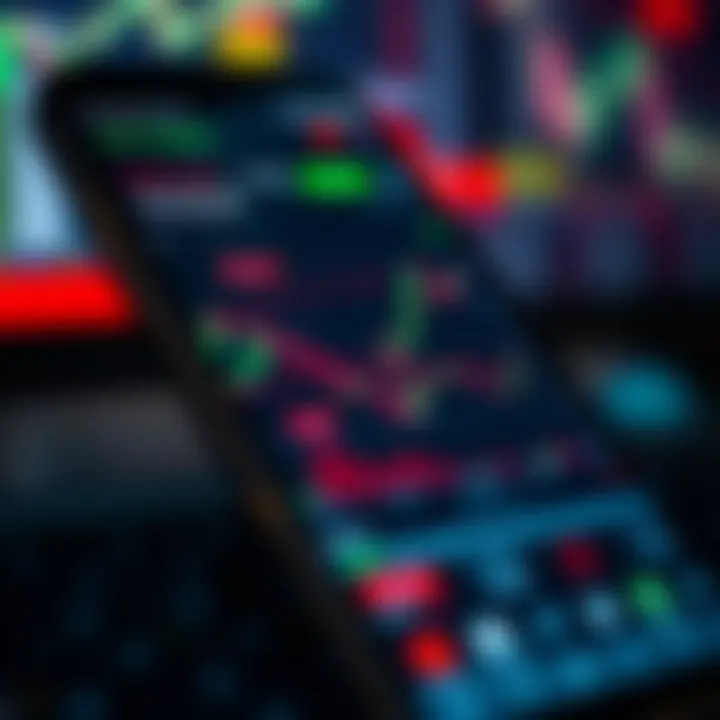 Smartphone screen displaying various stock market charts and trading options