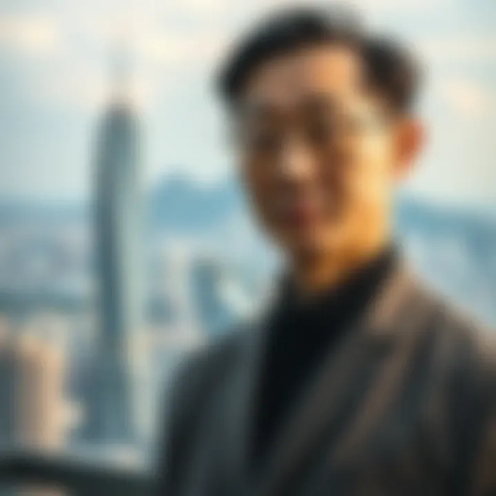 Portrait of Zhong Shanshan with a backdrop of urban skyline symbolizing business growth