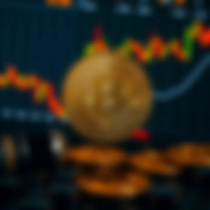 Digital representation of Bitcoin surrounded by fluctuating market graphs and charts