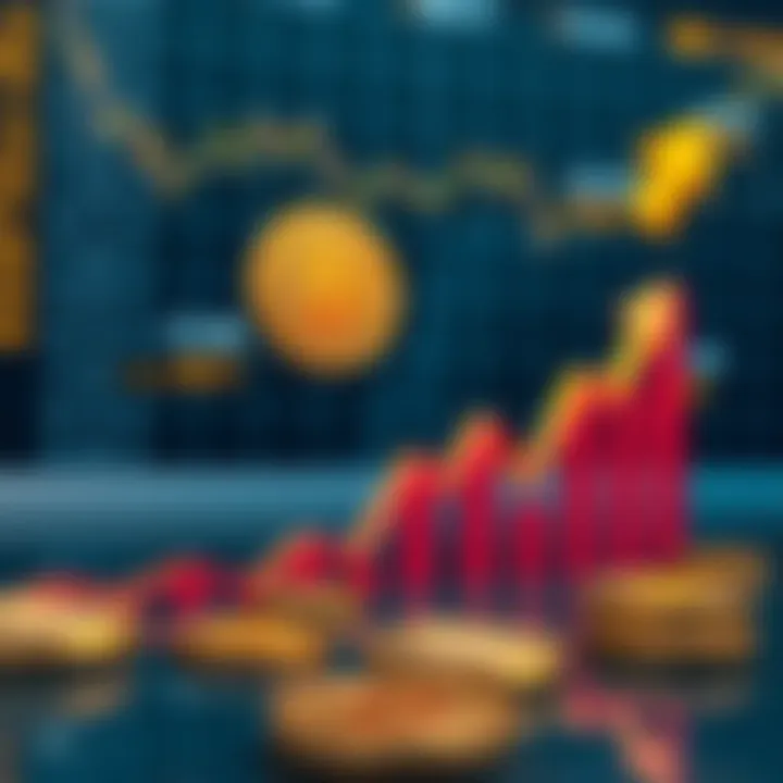 Digital illustration of a rising Bitcoin graph with financial symbols and arrows depicting market growth