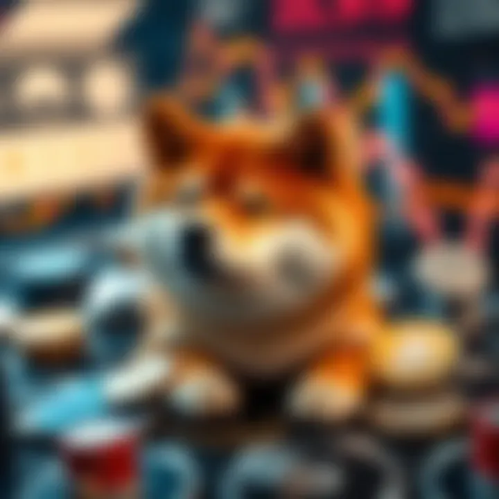 Shiba Inu Coin in the Context of Cryptocurrency Technology and Market Sentiment Creative representation of Shiba Inu coin surrounded by cryptocurrency symbols and technology icons