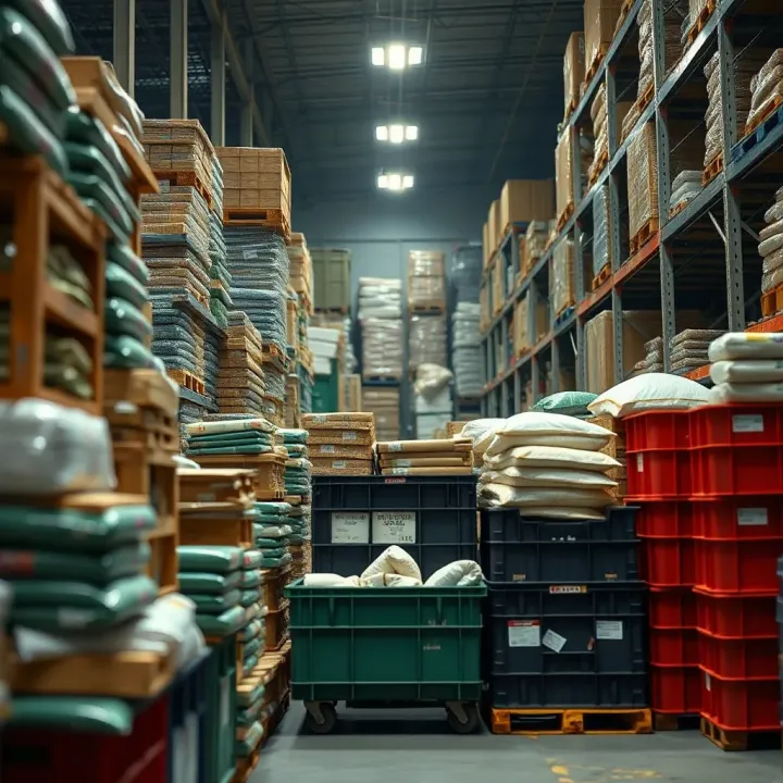 Stacks of goods and supply crates arranged in a market warehouse illustrating supply chain logistics in Nigerian trade hubs