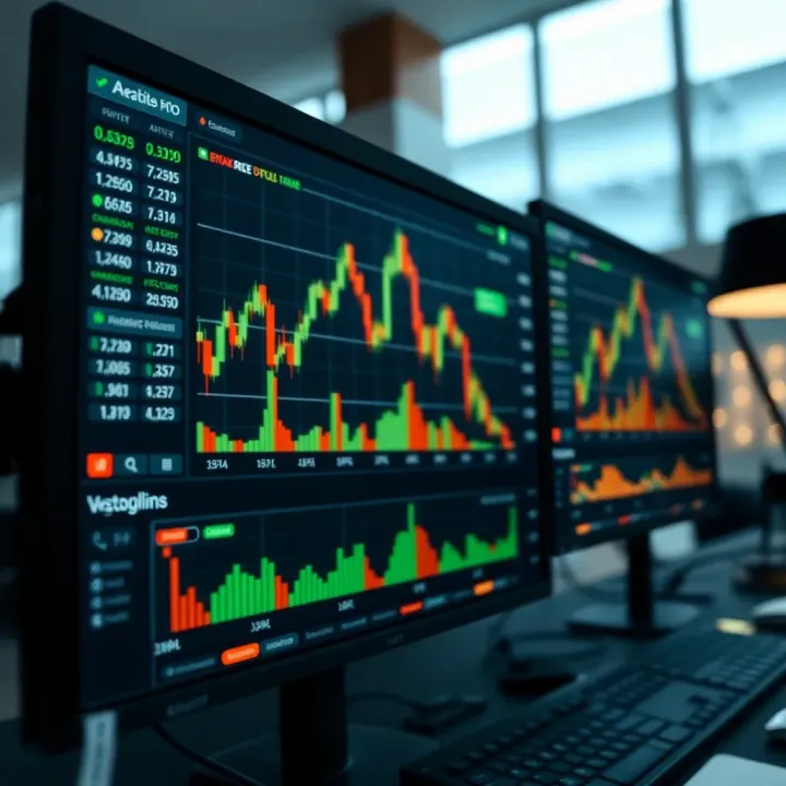 Dashboard showing binary options trading platform with charts and asset selection