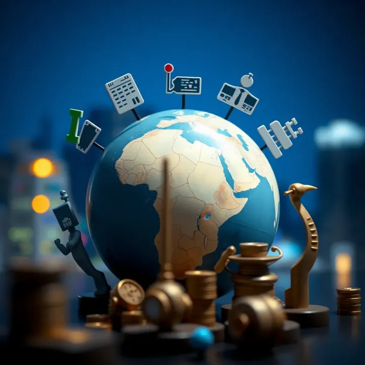 Core Factors for Selecting a Reliable Broker in Nigeria Icons representing financial regulations, customer support, and investment options arranged around a globe