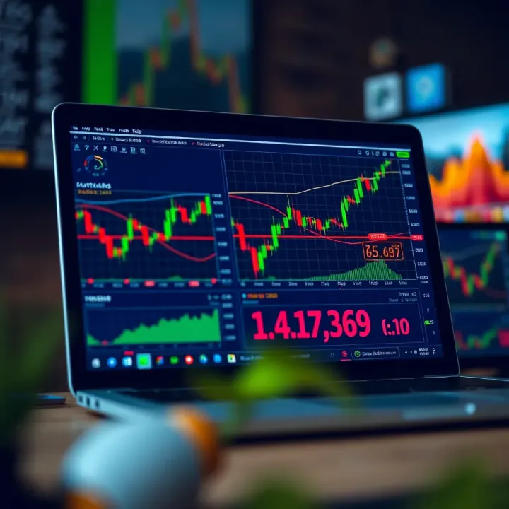 Illustration of a laptop displaying various financial charts and broker platform interface