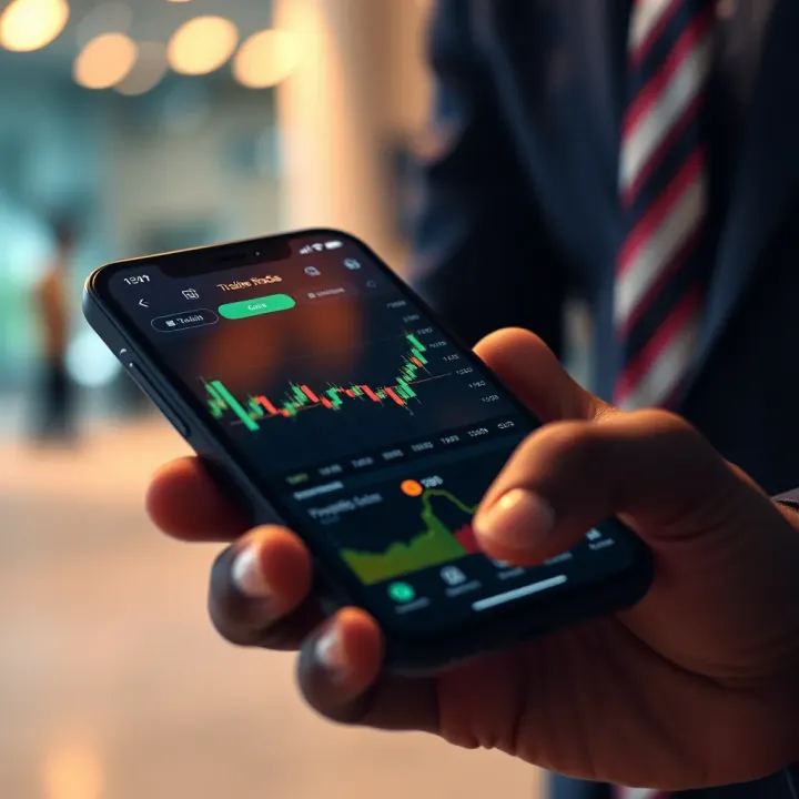 Mobile phone screen displaying a secure online trading app interface with charts and portfolio overview