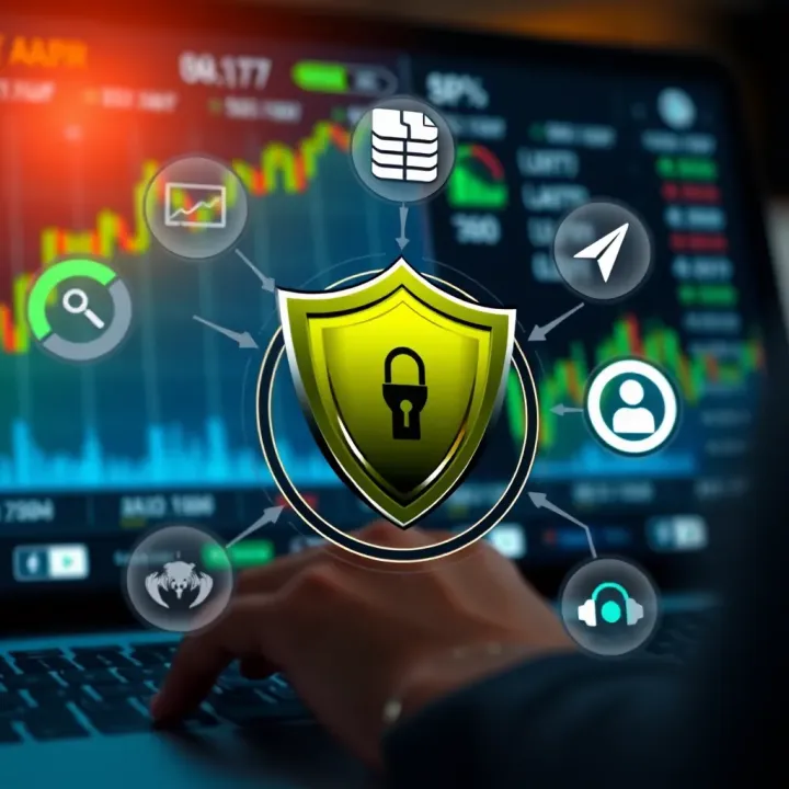Illustration of various online trading platform features like cost comparison, security shields, and usability icons