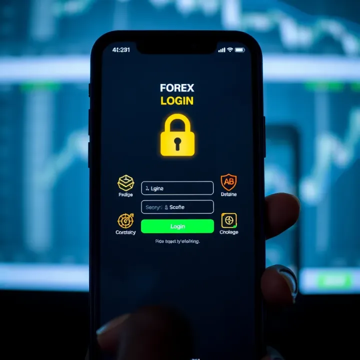 Secure mobile device showcasing forex app login screen with security icons