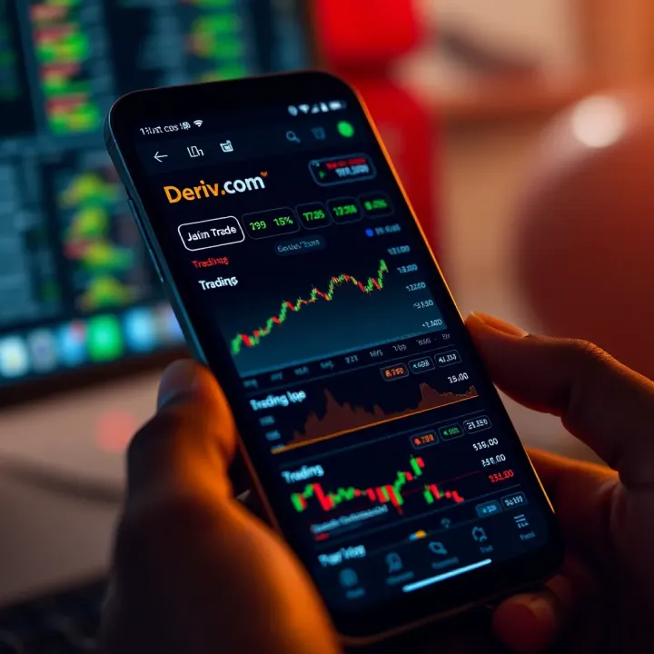 Interface of Deriv.com trading app showing various trading options and charts on a smartphone screen