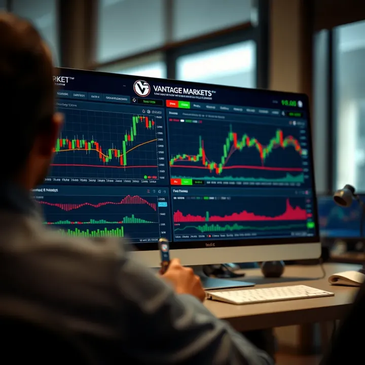 Interface of Vantage Markets trading platform showing various financial charts and trading tools