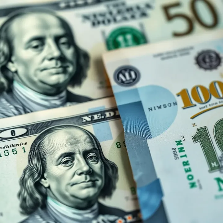 Visual Comparison of US Dollar and Nigerian Naira Currency Close-up of US dollar bills and Nigerian naira banknotes side by side