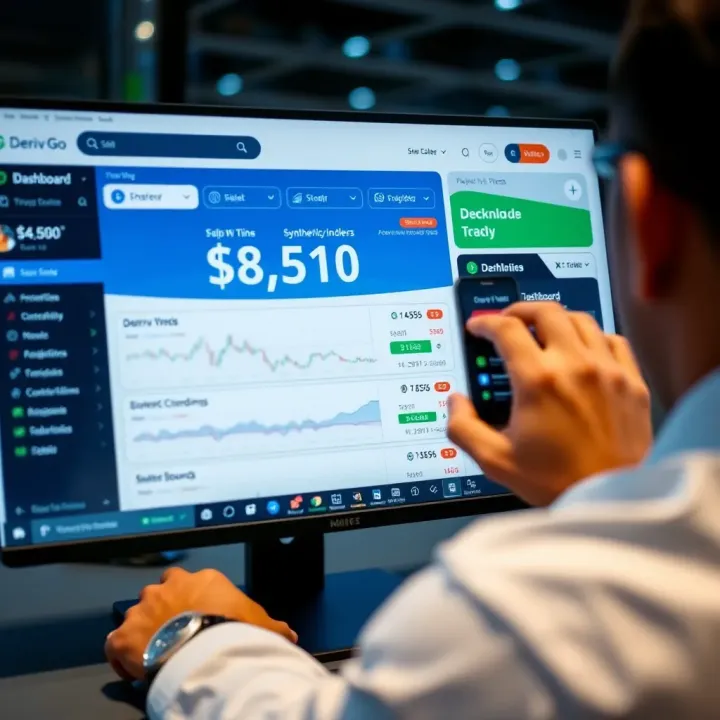 User navigating Deriv Go app dashboard with trading options for forex, commodities, and synthetic indices