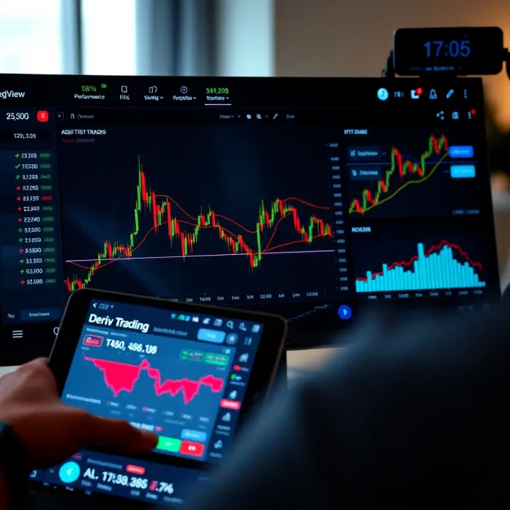 User interface of Deriv TradingView app showing advanced trading tools and asset performance metrics