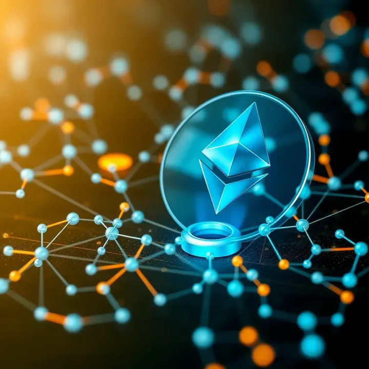 Illustration of blockchain technology and Ethereum network nodes emphasizing technological updates