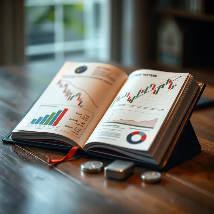 In-depth Chart Pattern Analysis in Investment Guidebook Open book showing detailed charts and technical analysis illustrations for investment strategies