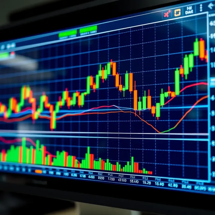 Visualizing Key Chart Patterns on a Trading Screen Chart patterns displayed on a digital financial trading screen with candlestick graphs and trend lines