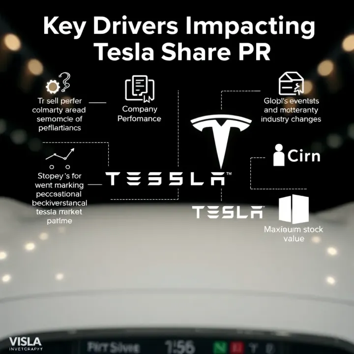 Illustration of various factors such as company performance, global events, and industry changes affecting Tesla's stock value