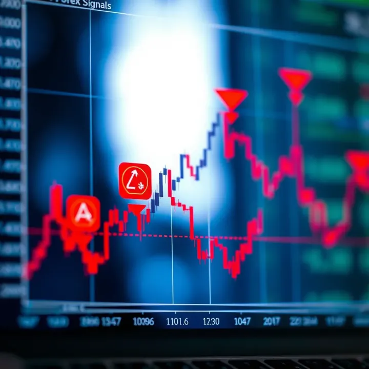 Evaluating Forex Signals and Managing Trading Risks Graph showing upward and downward market trends with icons representing risk assessment and signal evaluation.