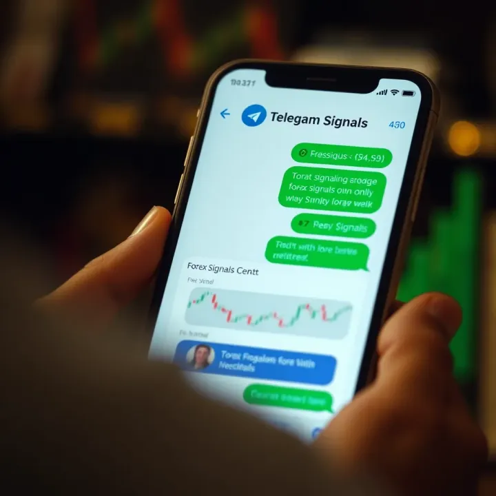 Telegram Forex Signals Chat Interface A mobile phone screen displaying a Telegram chat with forex signals and trading charts.