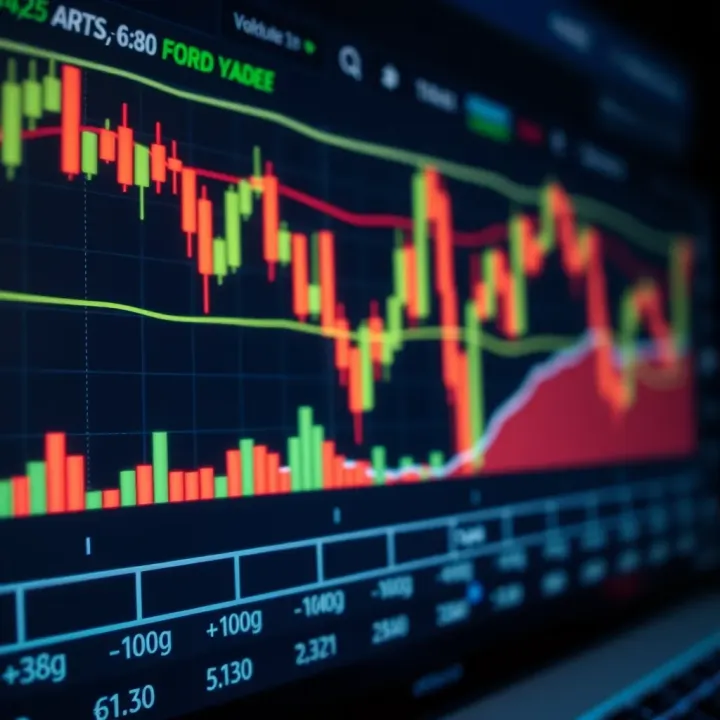 Currency Exchange Rate Trends with Candlestick Patterns Chart displaying currency exchange rate trends with candlestick patterns and volume indicators